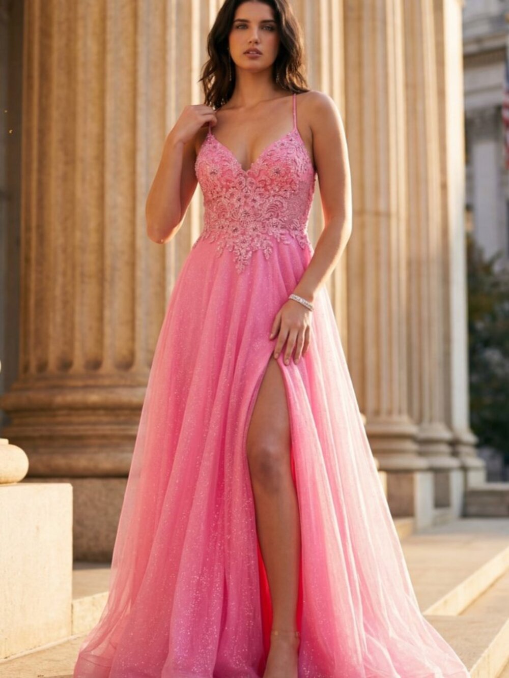 NEW HOT PINK Tulle & Lace V-Neck Prom Gown Floor Length With Slit 8275J